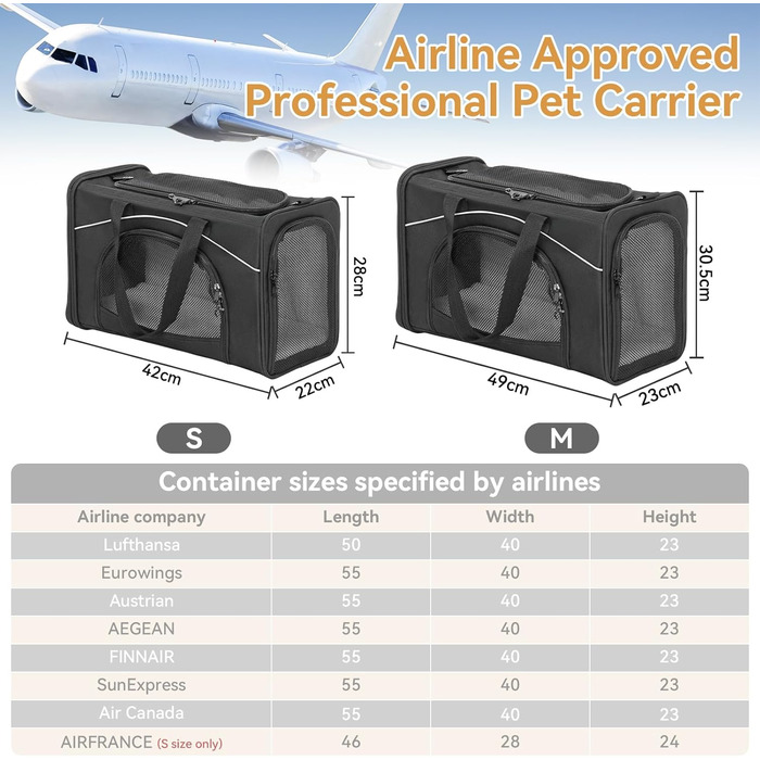 Транспортна сумка Petsfit для собак та котів, переноска для тварин, підходить для подорожей літаком, автомобілем та потягом (S, чорний)
