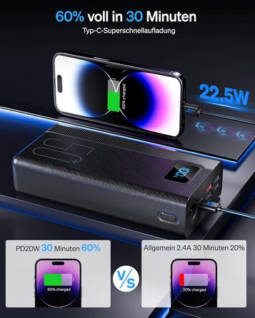 Power Bank 50000mAh 22.5W: Зовнішній акумулятор з великою ємністю, 5 USB виходів, 3 входи, чорний