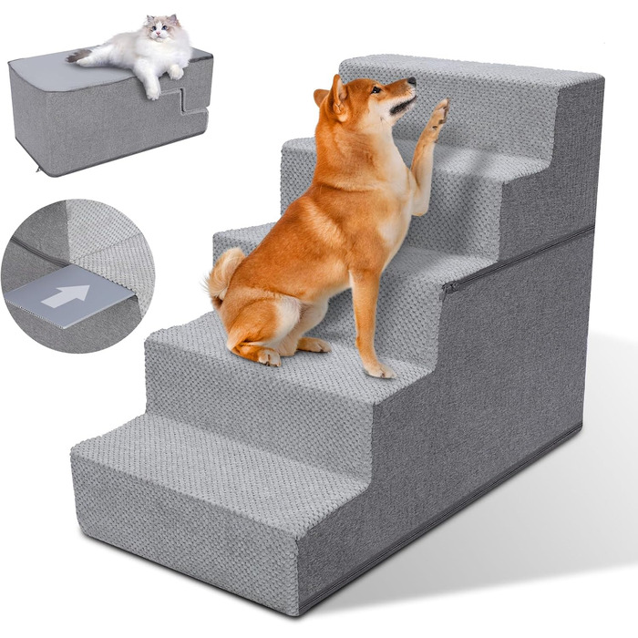 Myiosus Dog Stairs for Small Dogs, 2 Steps Pet Stairs, Waterproof Dog Steps made of Sponge, Non-Slip Dog Ramp for Sofa Bed, Dog Stairs with Washable Cover, Portable Cat Stairs (Removable 5-Step Dog Stairs, Grey)