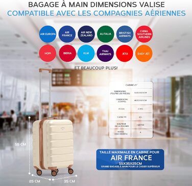 Чотирьохколісний валіза Flight Knight ABS з жорстким корпусом, ручна поклажа, розмір для авіакомпаній (British Airways, EasyJet), 56x45x25 см (55x35x25 см TSA), кремовий/бежевий колір