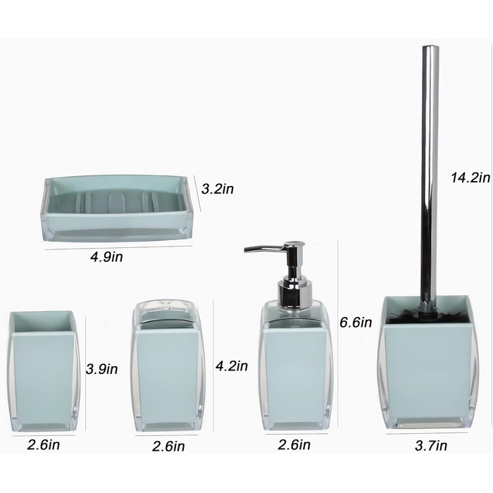 Bathroom Accessories, 5-Piece Set, Blue Resin/Acrylic, Complete Set, Lotion/Soap Dispenser, Soap Dish, Toothbrush Holder, Cup, Toilet Brush and Holder, Modern Bathroom Decor and Gift Set