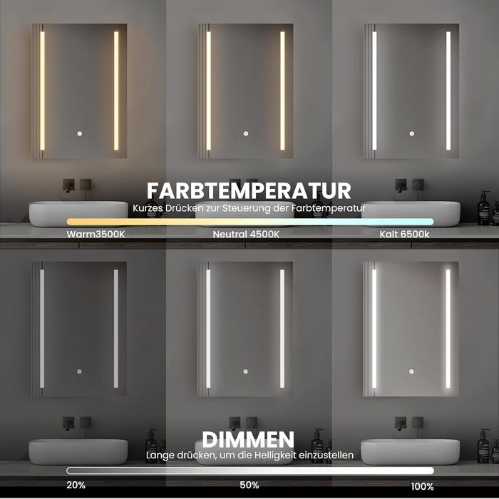 Дзеркало для ванної кімнати з підсвічуванням 70x50 см | LED дзеркало | IP54 вологостійке | Сенсорне керування | Настінне дзеркало | Горизонтальна/Вертикальна установка 6500K холодне біле світло (70x50cm-stil 2)