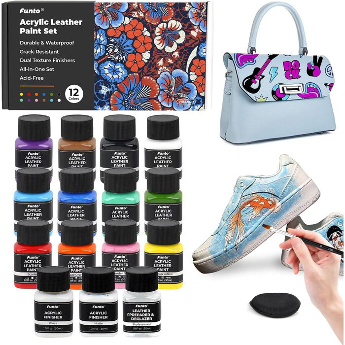 Funto Acrylic Leather Paint Set 12 Colors with Leather Cleaner, 2 Acrylic Gloss Lacquers, 5 Nylon Brushes, a Round Sponge, and 36 Alphanumeric Stickers. Perfect DIY set for shoes, jackets
