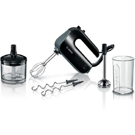 Ручний міксер Bosch Home Professional Styline MFQ4980B, 850 Вт, 5 швидкостей, 2 нержавіючі вінчики та гаки, насадка-блендер, подрібнювач, чорний/темне срібло