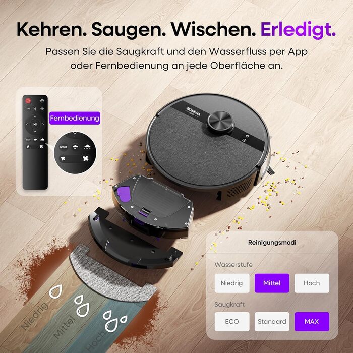 Робот-пилосос MONSGA з функцією миття, потужність 5000Pa, час роботи 180 хв, система захисту від спутання, навігація LiDAR, для килима, шерсті тварин, керування через додаток та пульт (чорний)