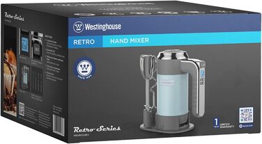 Westinghouse Retro Hand Mixer, 5 Speed Settings + Turbo Function, 2 Beaters, 2 Dough Hooks, LCD Display, Timer, Non-Slip Base, Storage Bag, 350 Watts, Light Blue