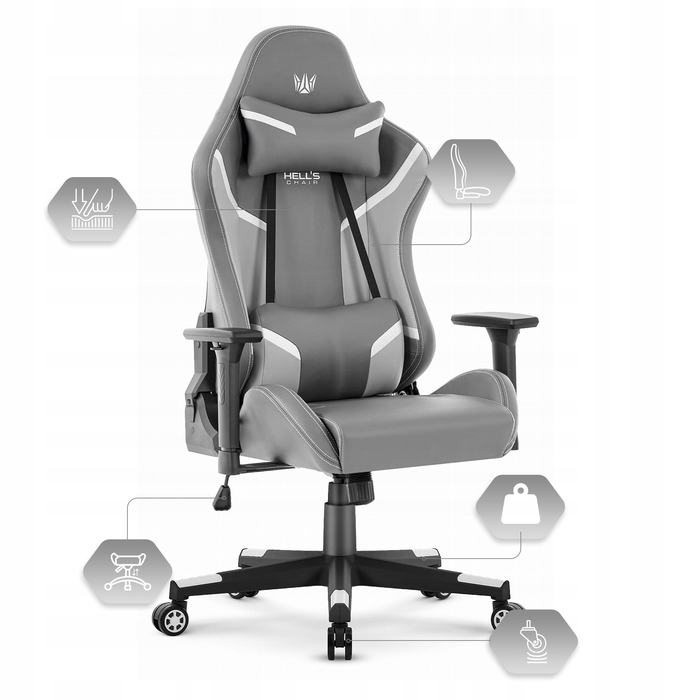 Ігрове крісло HELL'S CHAIR HC-2002 Grey-White, штучна шкіра, сіре