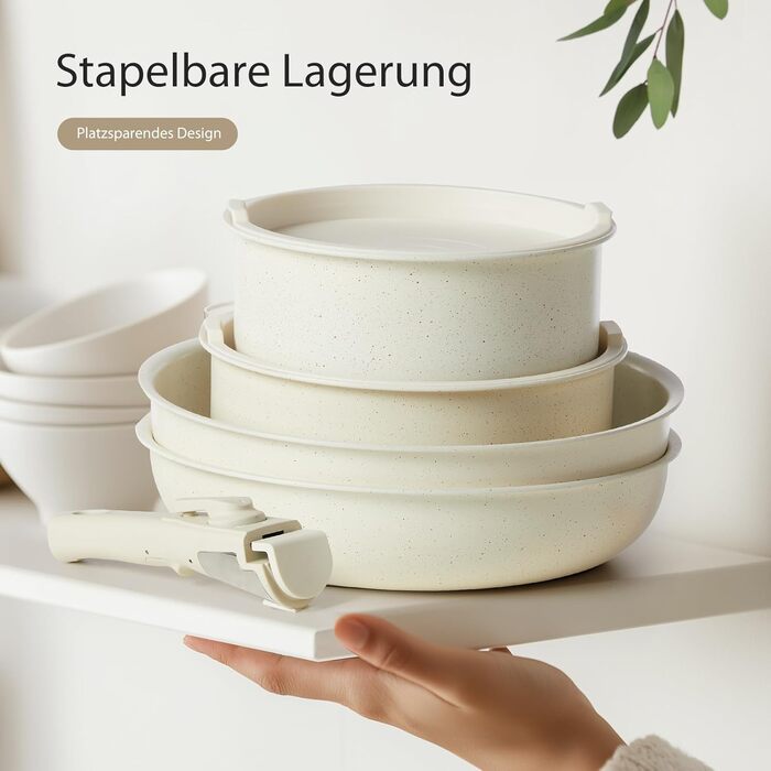 Набір посуду Sweetcrispy 12 предметів з антипригарним покриттям: каструлі, сковороди з знімними ручками (20/26 см, 18/20 см, 26 см) для індукційних плит та духовки, білий