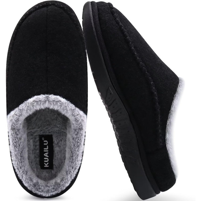 Чоловічі тапочки KuaiLu з піною пам'яті, зручні, ручної роботи, з мікрозамшею, з підтримкою склепіння стопи, з підкладкою з штучного хутра, гумова підошва, для дому та вулиці (48 EU, Чорний)