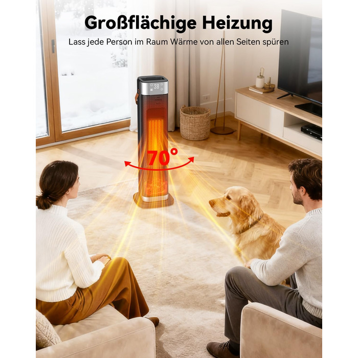 Електричний обігрівач PTC з керамічним нагрівачем, 2200W, з пульт дистанційного керування, 4 режими, таймер 12H, термостат, ECO-режим, осциляція 70°, захист від перегріву та перекидання, для дому та офісу (чорний, 65 см)