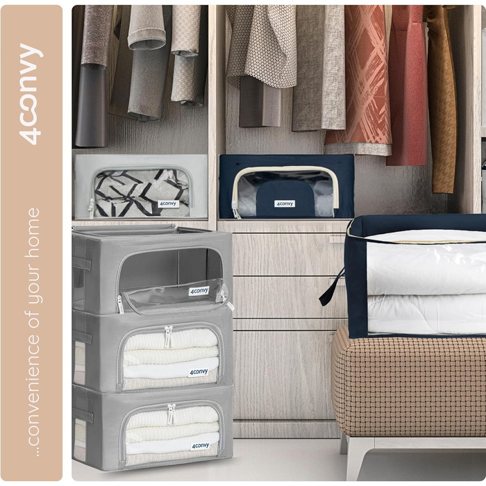 Органайзер для одягу 4CONVY: коробка для зберігання з блискавкою та металевим каркасом (3x24L, темно-сірий) - покращений матеріал 2024