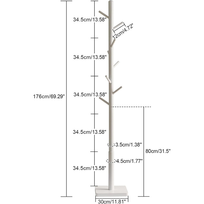 YMYNY Solid Wood Wardrobe Rack, Thickened Square Base, Tree-Shaped Clothes Rack, 3 Adjustable Heights, 8 Hooks, Freestanding, Sturdy, for Bag, Clothing, Living Room, White HCR002W