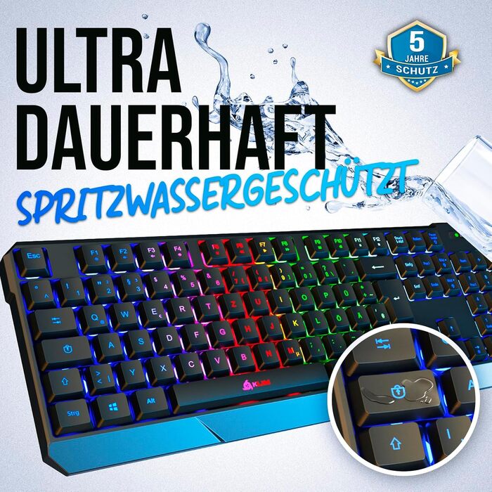 KLIM Chroma Wireless - Бездротова ігрова клавіатура QWERTZ DE з RGB підсвічуванням, тиха та ергономічна, довговічна та водовідштовхуюча - для PC, Mac, PS4, PS5 - Чорна