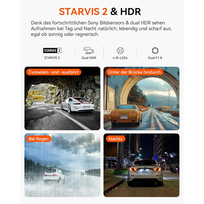 Автомобільний відеореєстратор VANTRUE N2X 2.7K+1080P, подвійна камера, HDR нічне бачення, GPS, Wi-Fi 5ГГц, додаток, голосове керування, 2'' екран, 24/7 паркувальний режим, G-сенсор, до 1ТБ