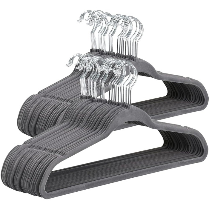 Yaheetech 100-Piece Clothes Hangers Velvet Suit Hangers with Non-Slip Surface, Closet Hangers, Anti-Slip, Space-Saving, 360° Swivel Hook, 0.5cm Thick, Gray