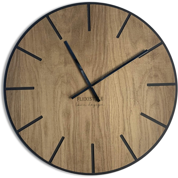 FLEXISTYLE Large Wall Clock without Ticking Sounds, Wood Art Black 60cm, Living Room, Bedroom, Made in EU, z216-2