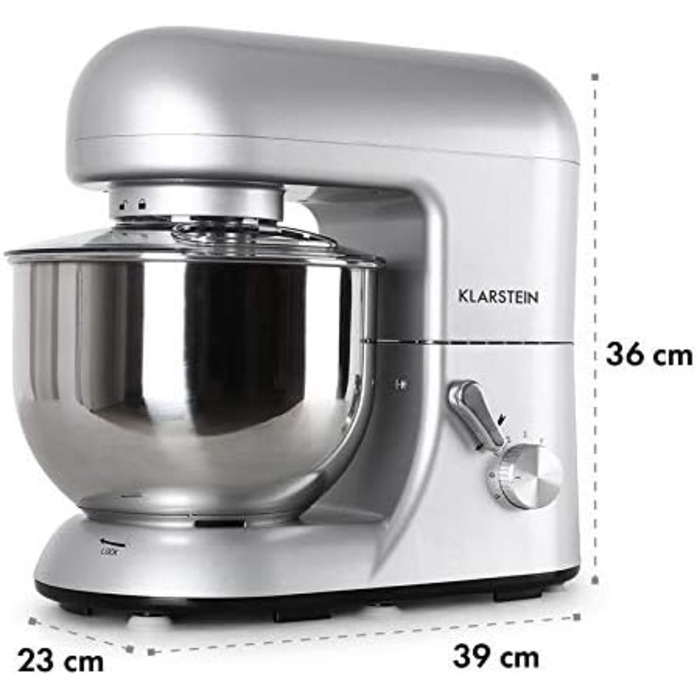 Klarstein 5L Stainless Steel Stand Mixer - 2000W Kitchen Machine with Dough Hook & Whisk - 6 Speed Universal Mixer for Baking & Cooking