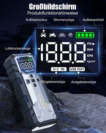 Powerbank Starthilfe 7000A з компресором та LED-ліхтариком: 160PSI, 12V для бензинових та дизельних авто