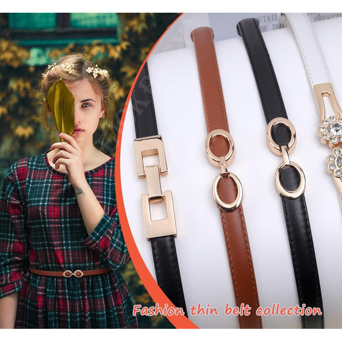 2 жіночі шкіряні ремені Skinny: чорний+білий та чорний+коричневий. Вузький тасьовий ремінь з металевою блискавкою для суконь та пальто