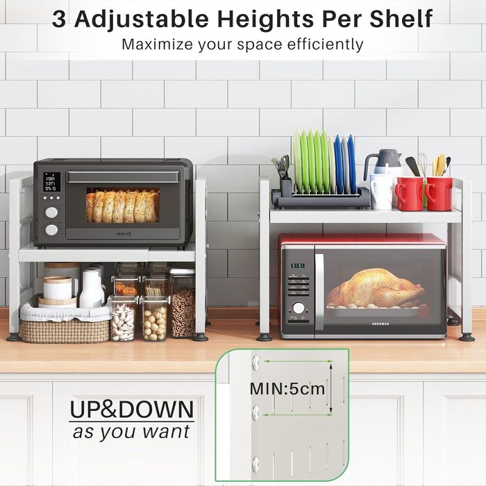 Поличка для мікрохвильової печі SAYZH, 2-рівнева розширювана, з 10 гачками, для кухні, чорна (біла)