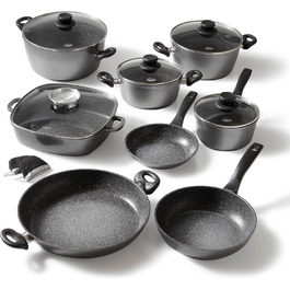 STONELINE Induction Cookware Set, 13-piece cookware set with lids, saucepan set coated with real stone particles, cast aluminum pots and pans suitable for all cooktops