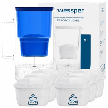 Скляний фільтр-кувшин Wessper D2 BOROSILICATE 3л, синій + 7 фільтрів