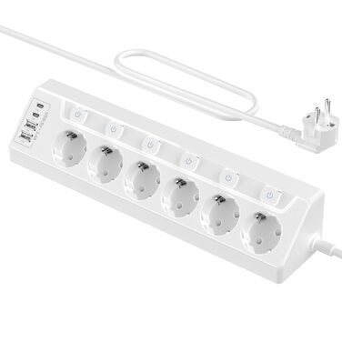 Розподільник розеток з захистом від перенапруги, 6 розеток, USB-C, 2м кабель, 4000W, 16A, для кухні, дому, офісу (білий)