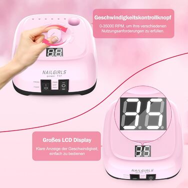 Електричний фрезер для нігтів Nailgirls 11 в 1 з педаллю, 35000 об/хв, для гель-лаку, манікюру та педикюру (Рожевий)