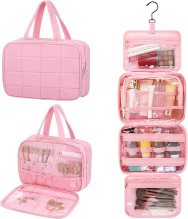 Кришталево-рожева дорожня косметичка для жінок з організатором для прикрас та гачком, водонепроникна, з кількома відділеннями