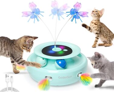 GoldenSun Cat Toy, 3 in 1 Electric Interactive Automatic Toy for Cats, Whack-A-Mole, Fluttering Butterfly, includes Ball, USB Rechargeable Cat Teaser with 6 Attachments (Green)