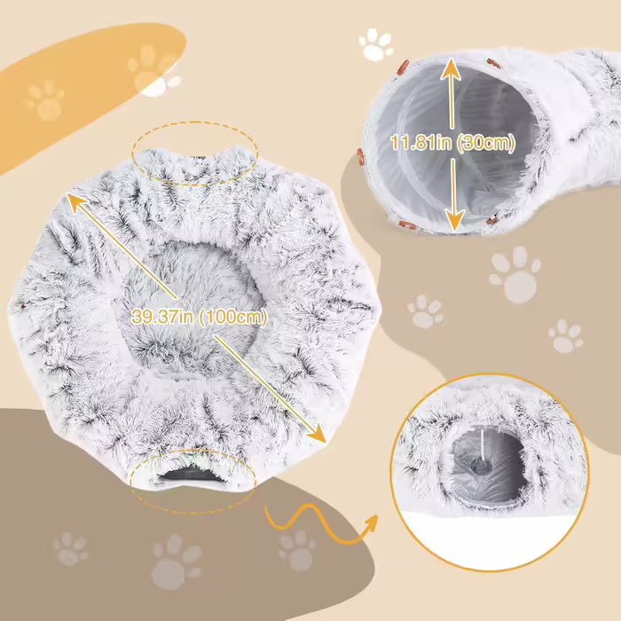 Adventure Cat Tunnel with Central Cushion, Soft Cat Toy Round Multi-Function Cat Bed - Gray