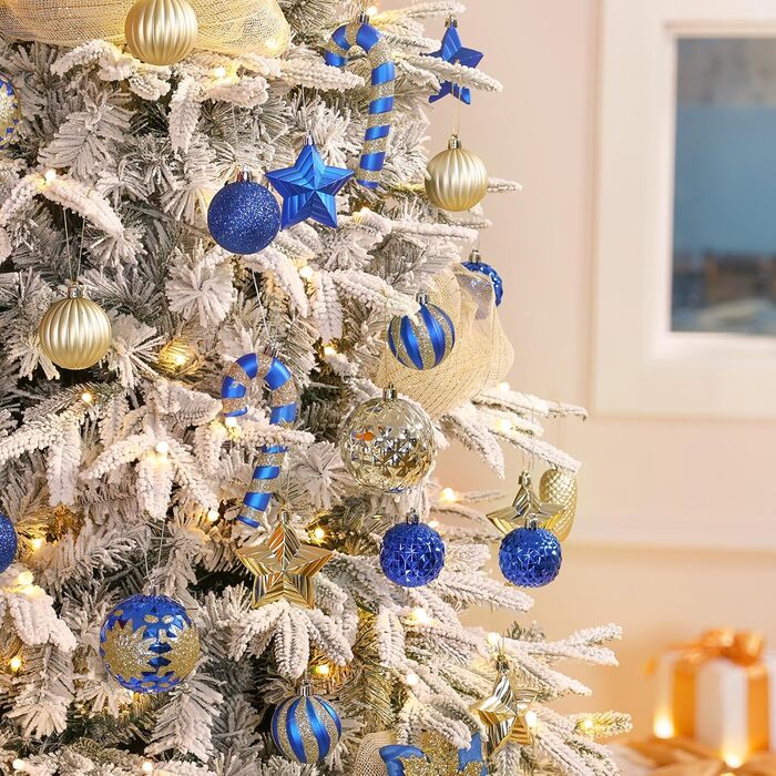 Набір прикрас на ялинку Alupssuc 128 шт: ялинкові кулі, квіти, стрічки, верхівка, гачки (чорний & золото, синій & золото)