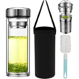 Double-walled glass tea bottle 1 liter with 2-in-1 stainless steel strainer to go, 1000ml large volume, tea bottle 100% leak-proof 1 l (500ml (Anytime))