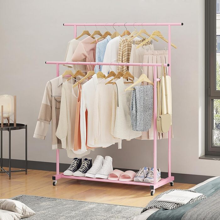 Clothes Rack with Double Rod, Rolling Clothes Rack, Portable Clothes Rack for Bedroom, Living Room, Clothing Store (Pink)