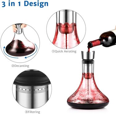 Glastal Decanter - Crystal Glass Decanter with Built-in Aerator for Aerating and Filtering, Drip-Free Pouring, 1800ml/63.3oz (Full Capacity)