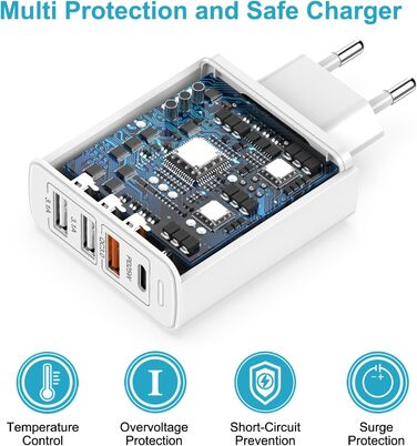 Мережевий зарядний пристрій USB C на 4 порти, 40W, PD&QC3.0, для iPhone, Samsung Galaxy