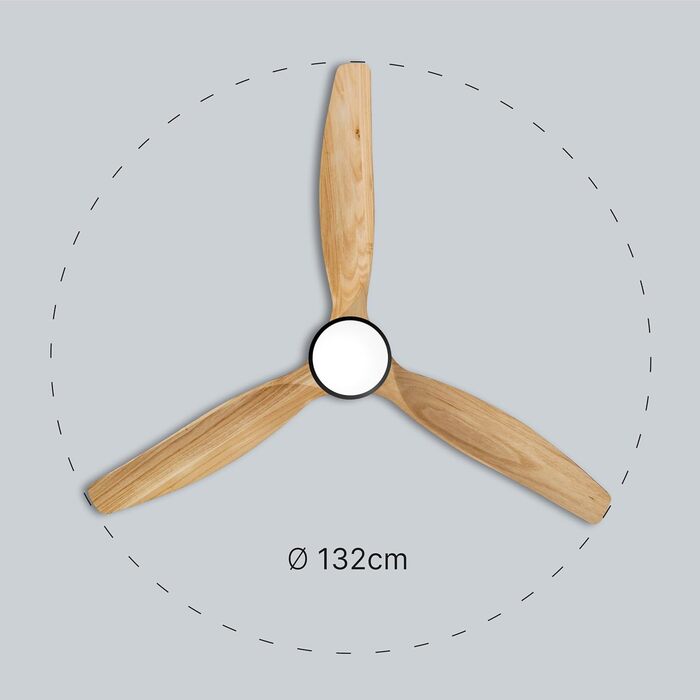 Стеляний вентилятор Ufesa, 40W, 6 швидкостей, надзвичайно тихий, 3 дерев'яних лопаті 132см, літньо-зимовий режим, таймер 8год, пульт керування, з підсвічуванням, чорний - світле дерево