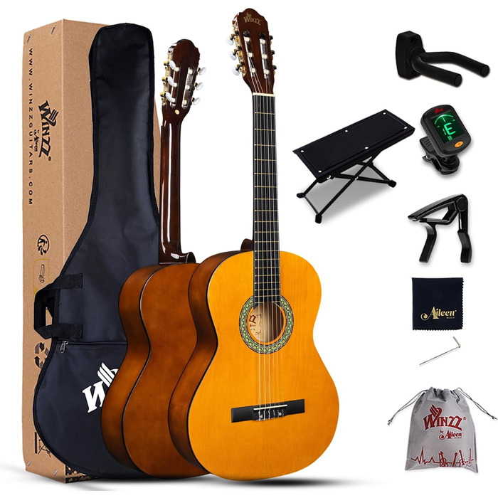 Кітара класична Winzz 4/4 для дорослих та дітей (від 11 років), набір для початківців, чорний глянцевий, 39 дюймів