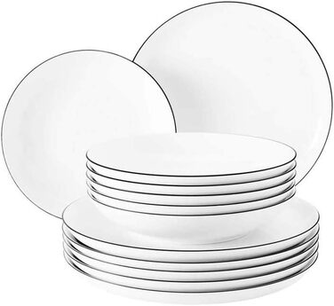 Seltmann Weiden 001.737148 Lido Tableware Set - 6 Dinner Plates + 6 Soup Plates - 12-Piece - Black Line Single
