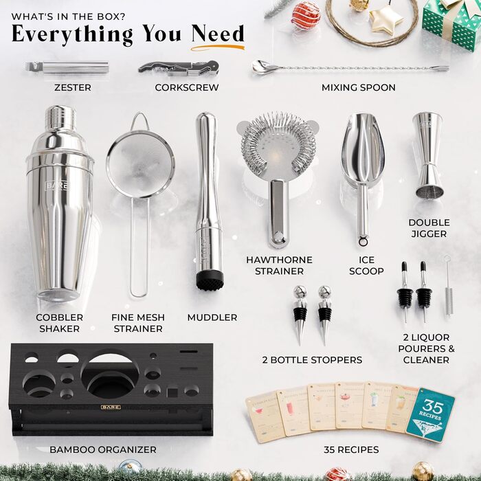 Набір бармена BARE BARREL® для приготування коктейлів | 16 предметів | Шейкер, барне аксесуар, інструменти для дому | 35 рецептів | Подарунковий набір