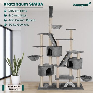 Кігтеточка Simba XXL 260 см - великий комплекс для котів, сіра, з печерами та лежанками