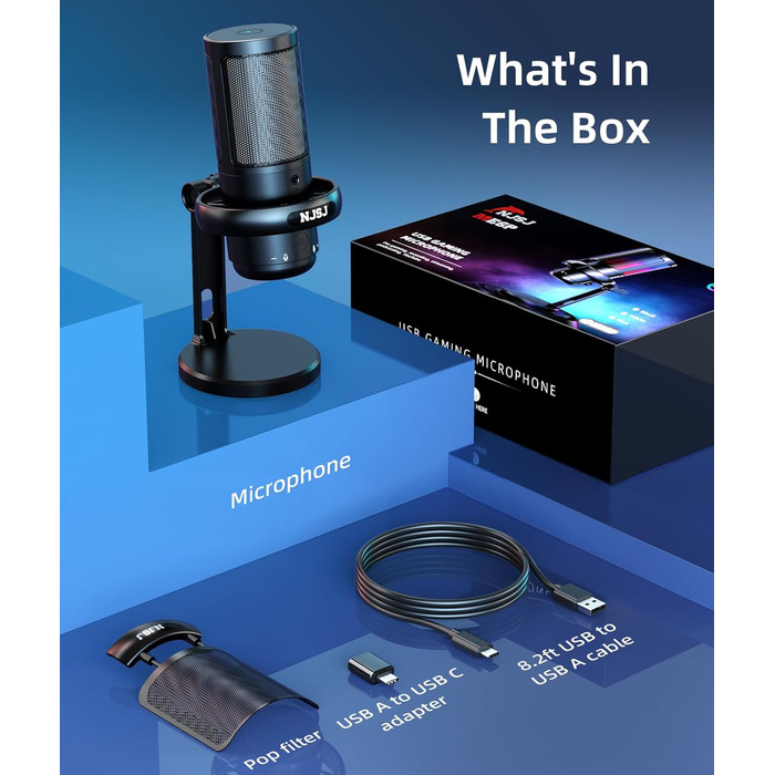 Мікрофон для ПК NJSJ Gaming RGB, для стрімінгу та запису, USB, сумісний з PS4/PS5/Mac, з регулятором гучності, чорний