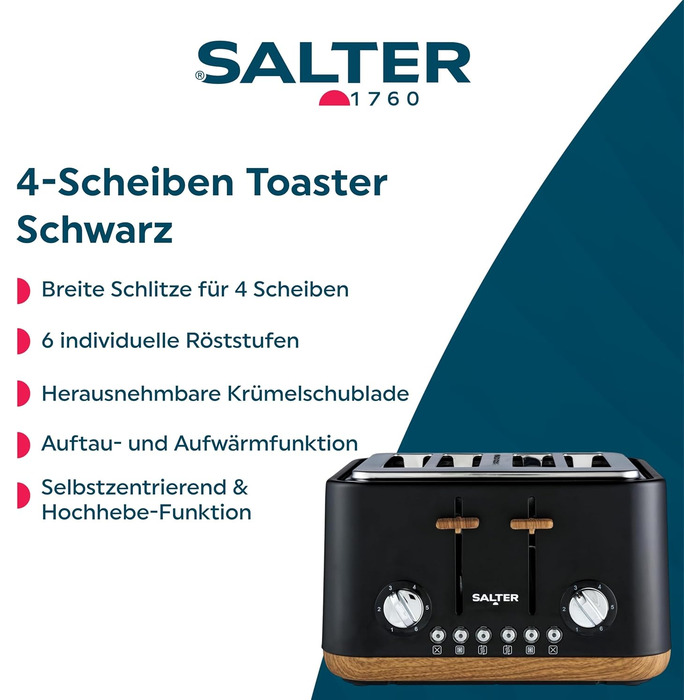 Тостер Salter Toronto 1.7L, 3kW, 360° обертання, фільтр від накипу, дерев'яний дизайн, бездротовий, захист від сухого кипіння, автовимкнення, контролер Otter, чорний