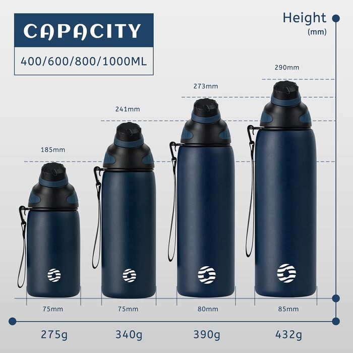 Stainless Steel Water Bottle 600 ml/800 ml/1 l with Magnetic Lid, BPA-Free, Insulated Water Bottle, Sports Metal Water Bottle, Hot and Cold Drinks, Vacuum Flask, Work, Travel