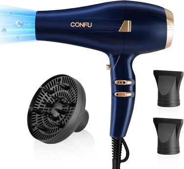 Фен CONFU Profi з іонами, 2400W, з насадкою-дифузором та стайлінговою насадкою, 2 швидкості, 3 режими нагріву, AC мотор, для салону та дому (зелений, темно-синій)