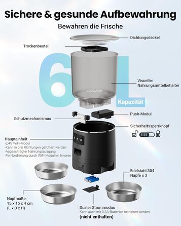 Автомат годівлі для котів з APP та таймером, 6 л / 25 порцій, 3 миски, 3 пакетики силікагелю, система запобігання застряганню, WiFi 2.4G, запис голосу, чорний