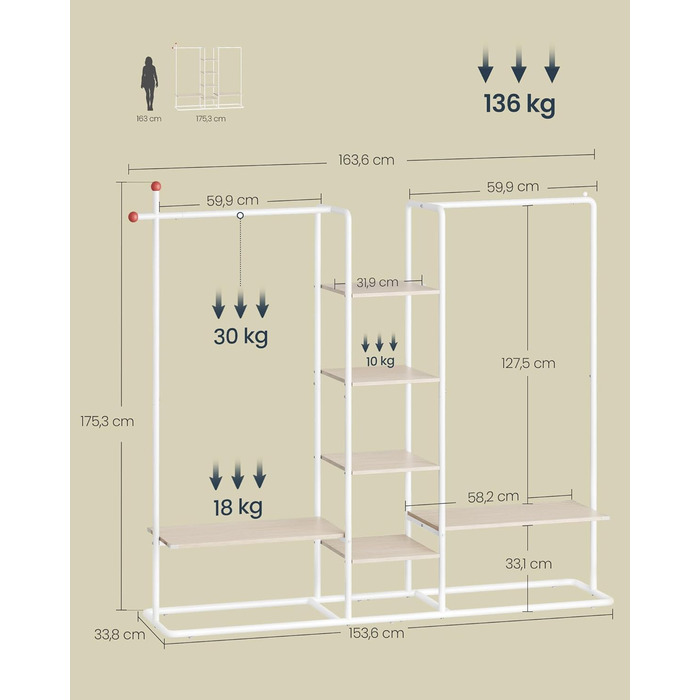SONGMICS Стійка для одягу з відкритими полицями, 6 поличок, 2 перекладини, гачки, для спальні, приглушено-бежевий + матовий білий, RGR012K01