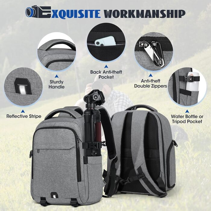Рюкзак для фотокамери RAINSMORE з відділенням для ноутбука 14 дюймів, сірий. Підходить для Canon, Nikon, Sony (DSLR, SLR)