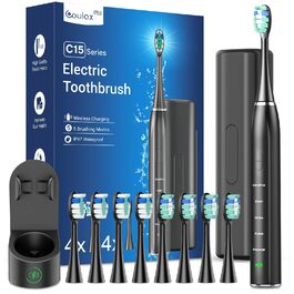 Електрична звукова зубна щітка для дорослих - відбілювання, ультразвукова, з кейсом для подорожей та зарядною станцією, 8 насадок, 5 режимів (Чорна)