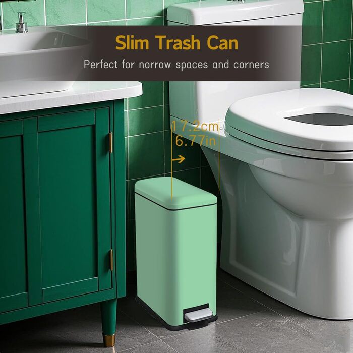 Відро для сміття кухонне 30 літрів, вузьке з кришкою, з м'яким закриттям, з педаллю, для кухні, ванної кімнати та офісу, зелене